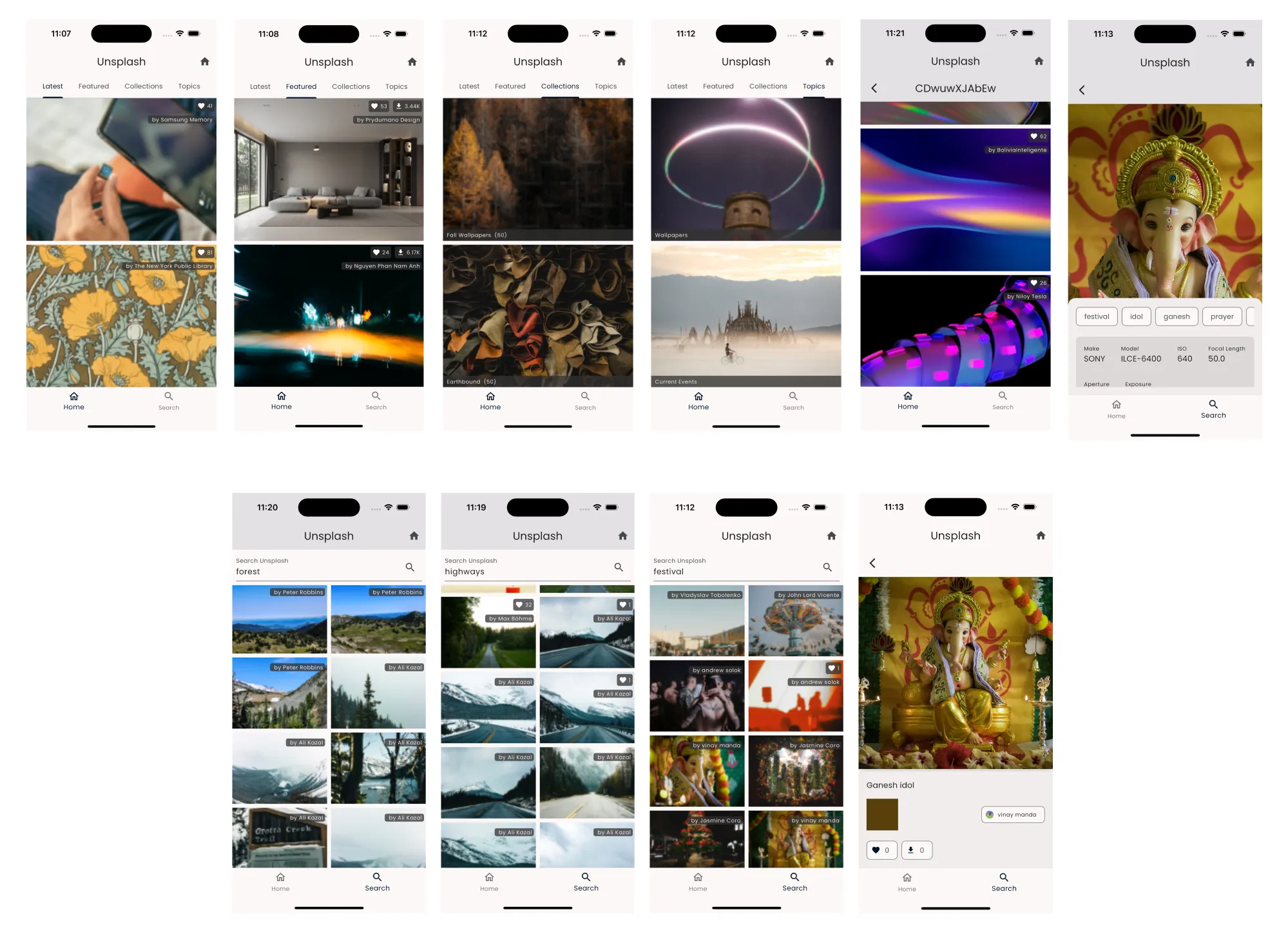 The gallery of screenshots in the Unsplash feature