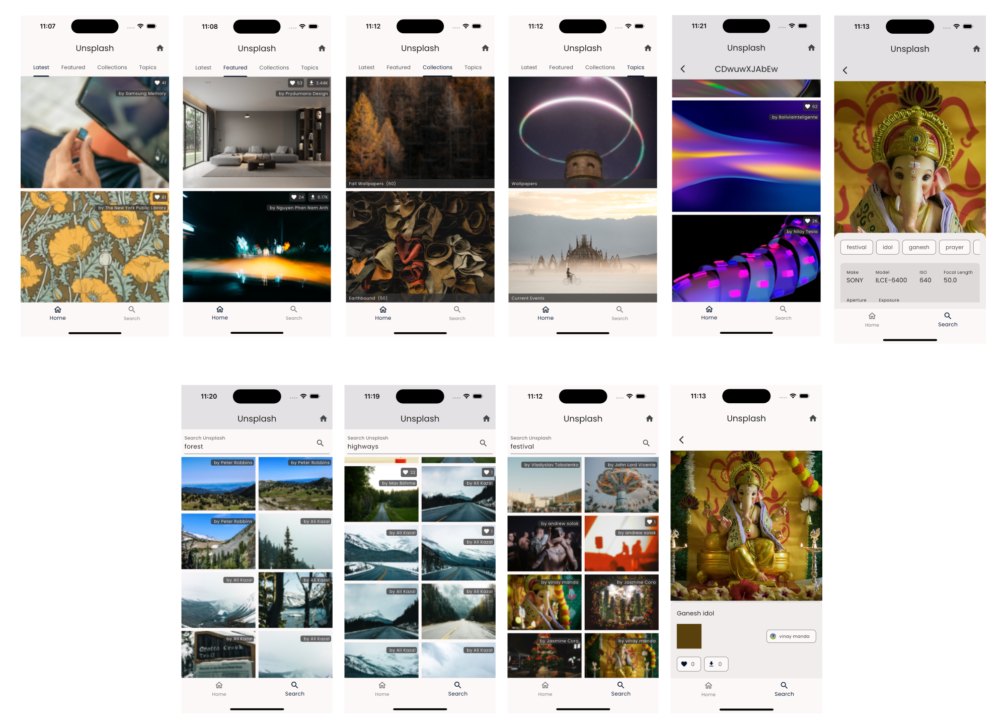Gallery of screenshots in the Unsplash feature
