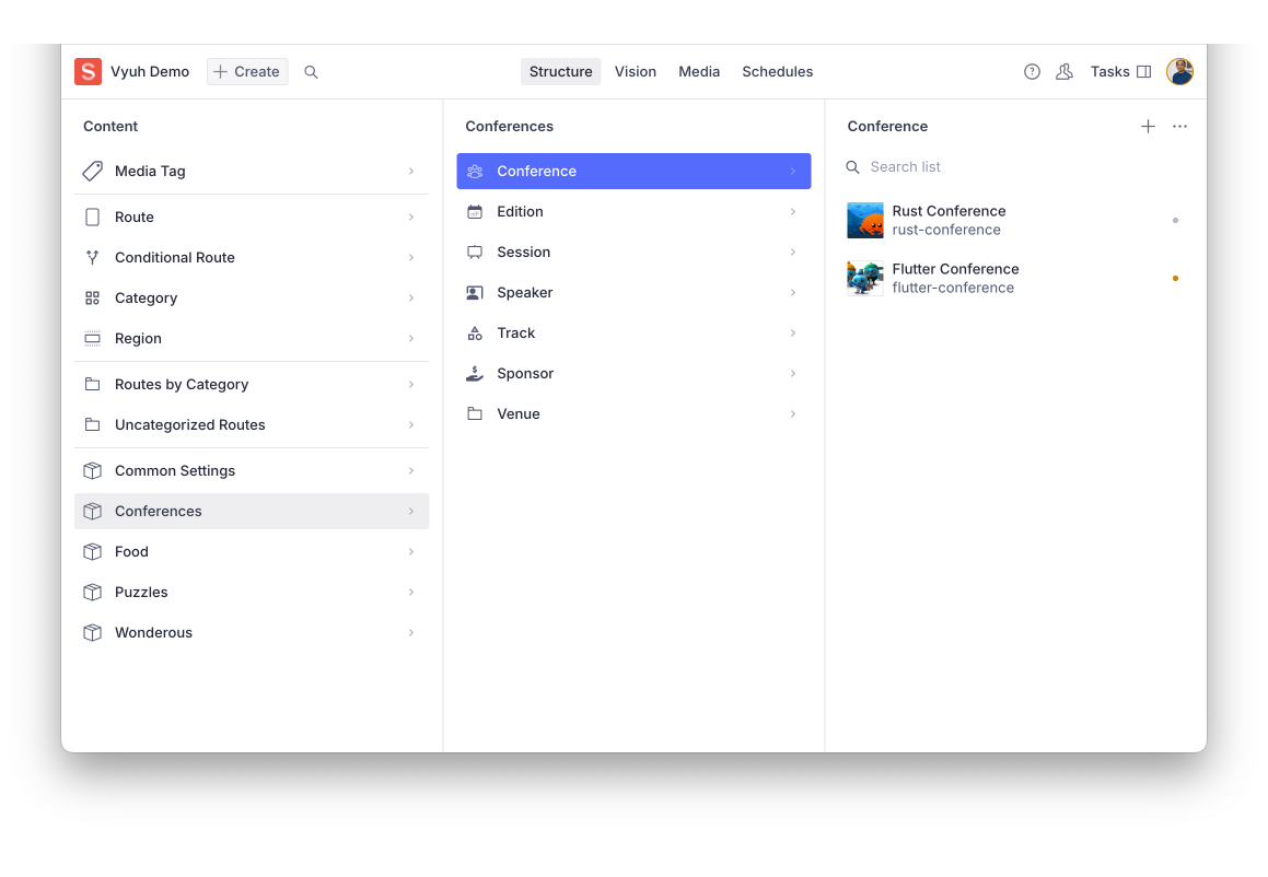 Vyuh Structure Plugin showing automatic grouping of schemas by feature